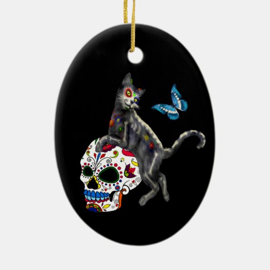Dode Kat Suikerdodend Skull En Vlinder Keramisch Ornament (Achterkant)