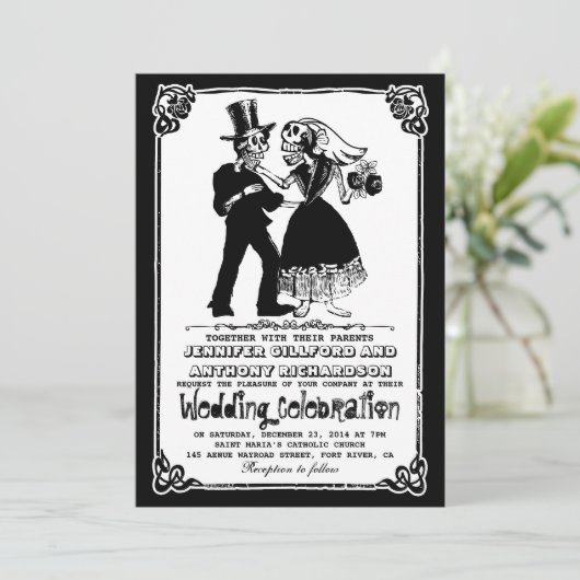 Dode Skeleton paar huwelijksuitnodigingen Kaart (Staand voorkant)