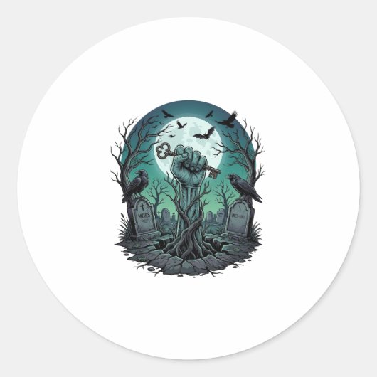 Dode Zombie Hand Skelet Sleutel Grafsteen Ravens H Ronde Sticker (Voorkant)