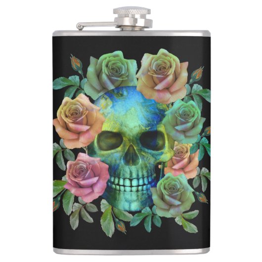 DODEN GROEne schedel MET bloemen Heupfles (Voorkant)