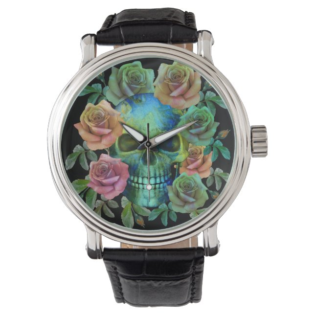 DODEN GROEne schedel MET bloemen Horloge (Voorkant)