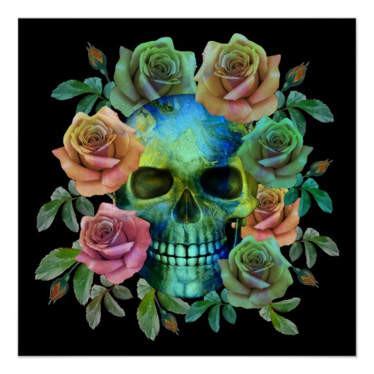 DODEN GROEne schedel MET bloemen Perfect Poster (Voorkant)