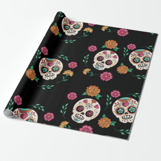 Dodenherdenking Suikerschedels en Bloemen Zwart Cadeaupapier (Uitgerold)