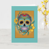 Dodenherfst Dag Teal en Marigold Schedel en Bloem Kaart (Gele Bloem)
