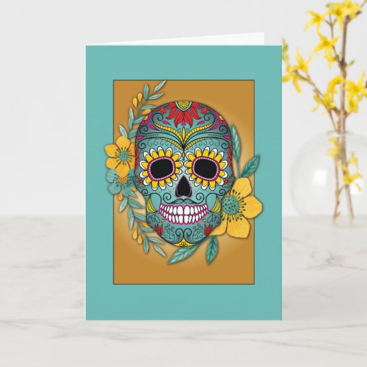Dodenherfst Dag Teal en Marigold Schedel en Bloem Kaart (Gele Bloem)