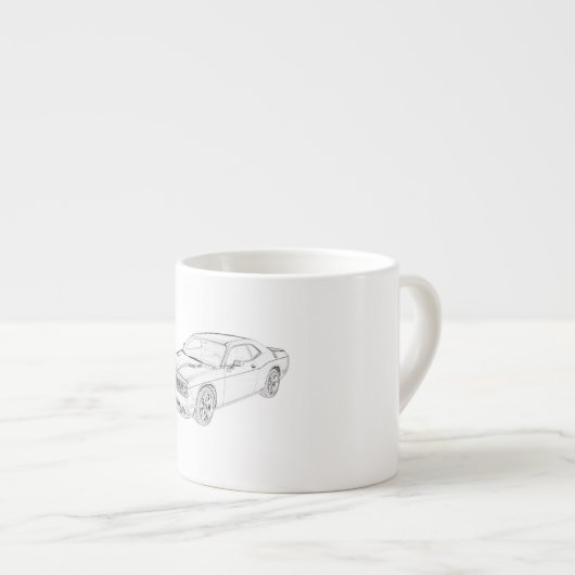 Dodge Challenger Black en White Pencil Tekening Espresso Kop (Voorkant rechts)