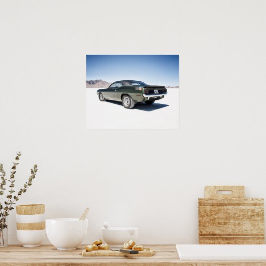 Dodge hemi cuda op Bonneville-zoutflats Poster (Keuken)
