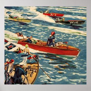 Dodge Motor Speed Boat Antiek Rij Oceaan Poster