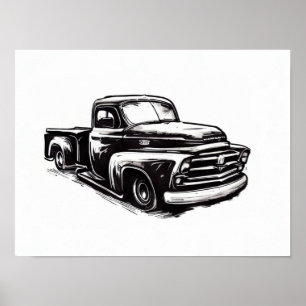 Dodge vrachtwagen inkt tekening zwart en wit poster