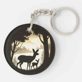 Doe Deer en Fawn Ronde Acryl Sleutelhanger