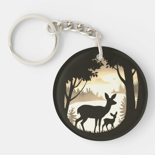 Doe Deer en Fawn Ronde Acryl Sleutelhanger (Voorkant)