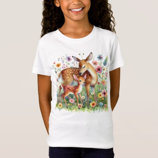 Doe Deer en Fawn Staan in Wildflowers Kinder T-shirt (Voorkant)