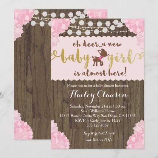 Doe Deer Rustic Girl Baby shower Uitnodiging (Voorkant / Achterkant)