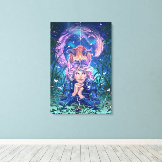 Doe een wens met Magicfox- fantasie kunst Canvas Afdruk (Insitu (Houten vloer))