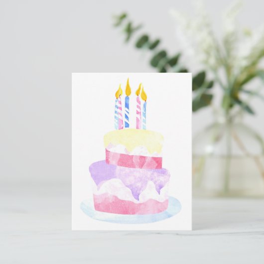 Doe een wens | Waterverf Happy Birthday Cake Briefkaart (Staand voorkant)