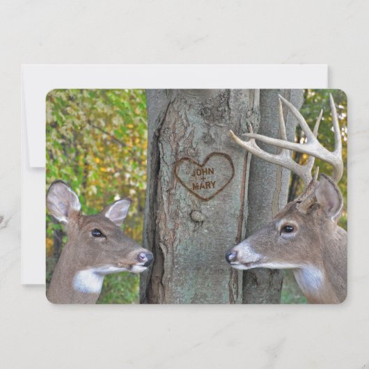 Doe en bok bij boom met gesneden hart jubileum kaart (Voorkant)