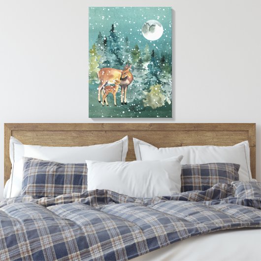 Doe en Fawn Deer Forest Full Moon Snowfall Canvas Afdruk (Insitu (Slaapkamer))