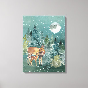Doe en Fawn Deer Forest Full Moon Snowfall Canvas Afdruk