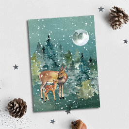Doe en Fawn Deer Forest Full Moon Snowfall Feestdagenkaart