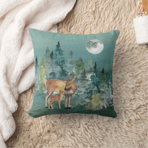 Doe en Fawn Deer in Forest Full Moon Kussen