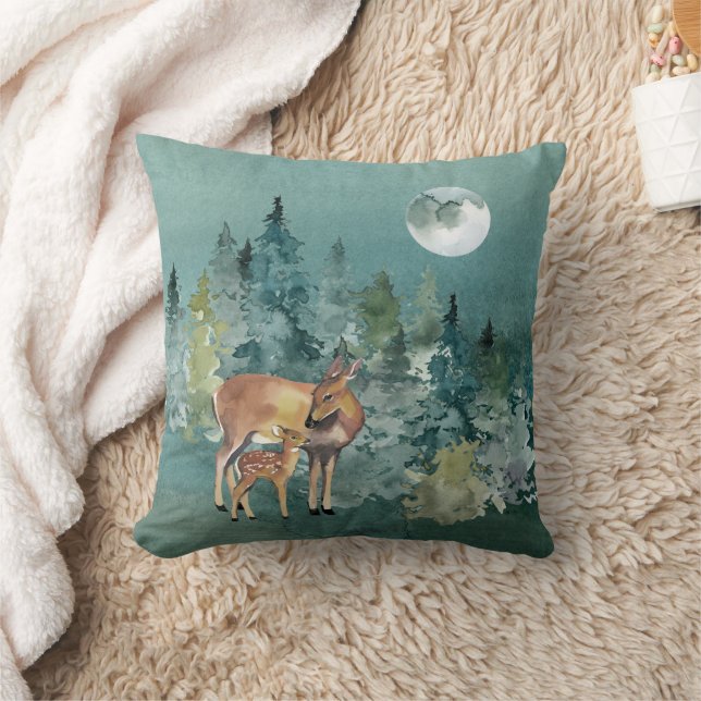 Doe en Fawn Deer in Forest Full Moon Kussen (Deken)