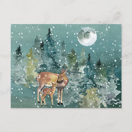 Doe en Fawn Deer in Forest Full Moon Snowfall Briefkaart (Voorkant)