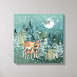 Doe en Fawn Deer in Forest Full Moon Snowfall Canvas Afdruk