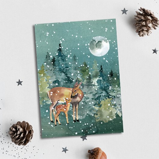 Doe en Fawn Deer in Forest Full Moon Snowfall Feestdagenkaart