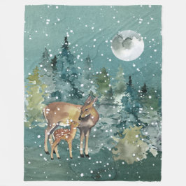 Doe en Fawn Deer in Forest Full Moon Snowfall Fleece Deken