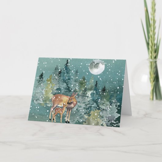 Doe en Fawn Deer in Forest Full Moon Snowfall Kaart (Voorkant)