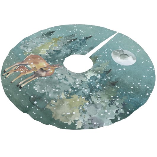 Doe en Fawn Deer in Forest Full Moon Snowfall Kerstboom Rok (Gekanteld)