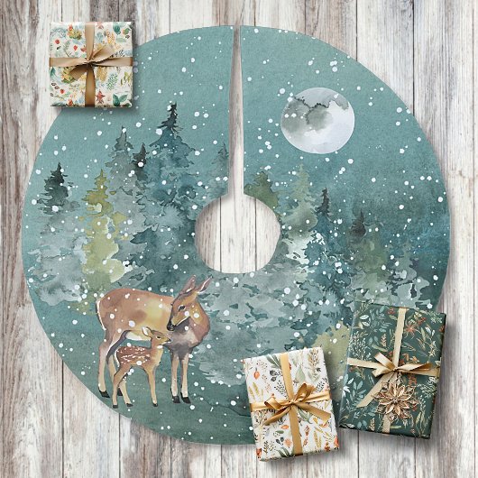 Doe en Fawn Deer in Forest Full Moon Snowfall Kerstboom Rok