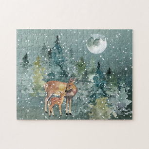 Doe en Fawn Deer in Forest Full Moon Snowfall Legpuzzel