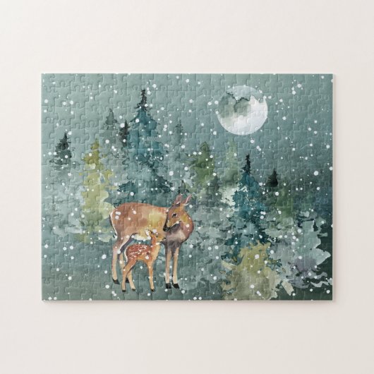 Doe en Fawn Deer in Forest Full Moon Snowfall Legpuzzel (Horizontaal)