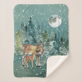 Doe en Fawn Deer in Forest Full Moon Snowfall Sherpa Deken