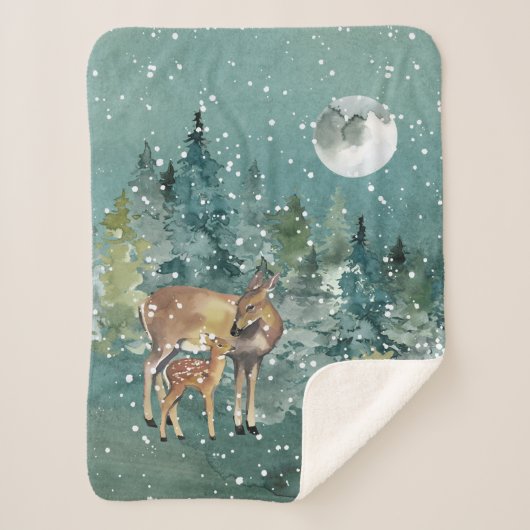 Doe en Fawn Deer in Forest Full Moon Snowfall Sherpa Deken (Voorkant)