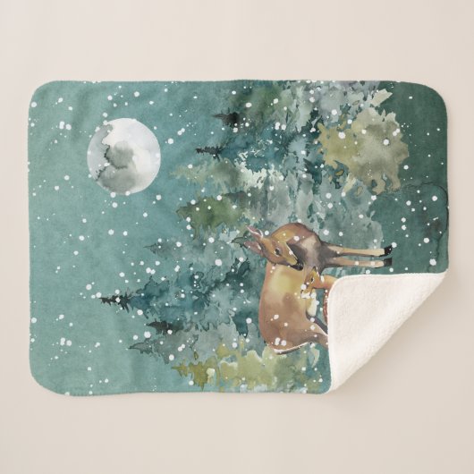 Doe en Fawn Deer in Forest Full Moon Snowfall Sherpa Deken (Voorkant (horizontaal))