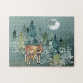 Doe en Fawn Deer in Forest Full Moon Waterverf Legpuzzel (Horizontaal)