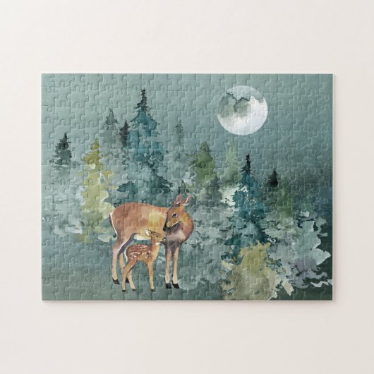 Doe en Fawn Deer in Forest Full Moon Waterverf Legpuzzel (Horizontaal)