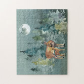 Doe en Fawn Deer in Forest Full Moon Waterverf Legpuzzel (Verticaal)