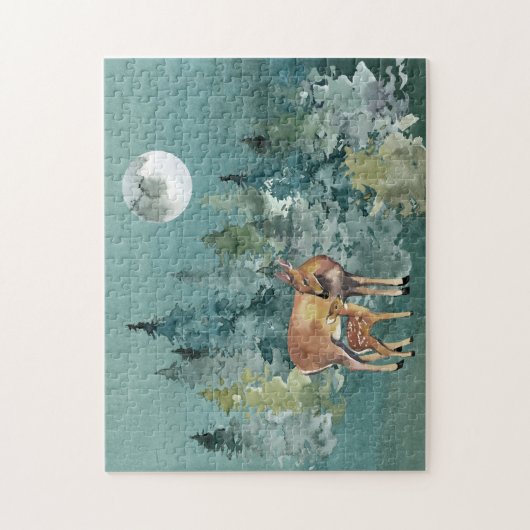 Doe en Fawn Deer in Forest Full Moon Waterverf Legpuzzel (Verticaal)