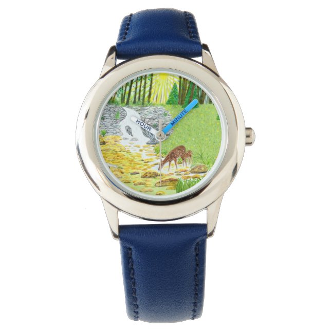 Doe en Fawn RVS Blauw Kinder Horloge (Voorkant)