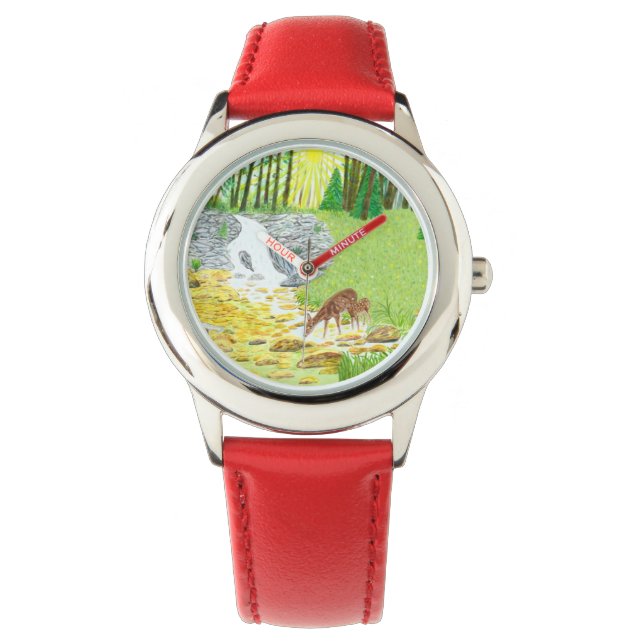 Doe en Fawn RVS Rood Kinder Horloge (Voorkant)