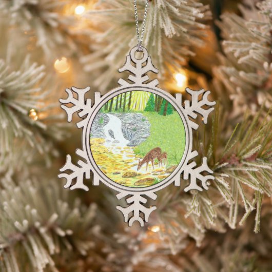 Doe en Fawn Tin Sneeuwvlok Ornament (Boom)