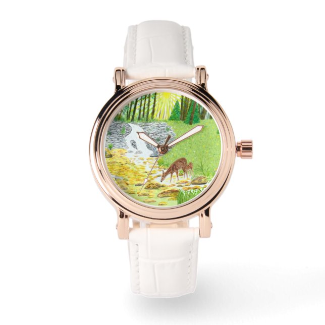 Doe en Ree herten Roze Goud Vintage Wit Horloge (Voorkant)