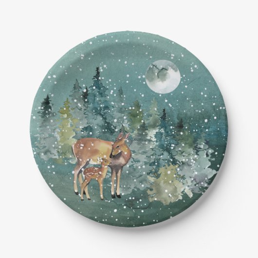 Doe Fawn Deer Forest Full Moon Snowfall Holiday Papieren Bordje (Voorkant)