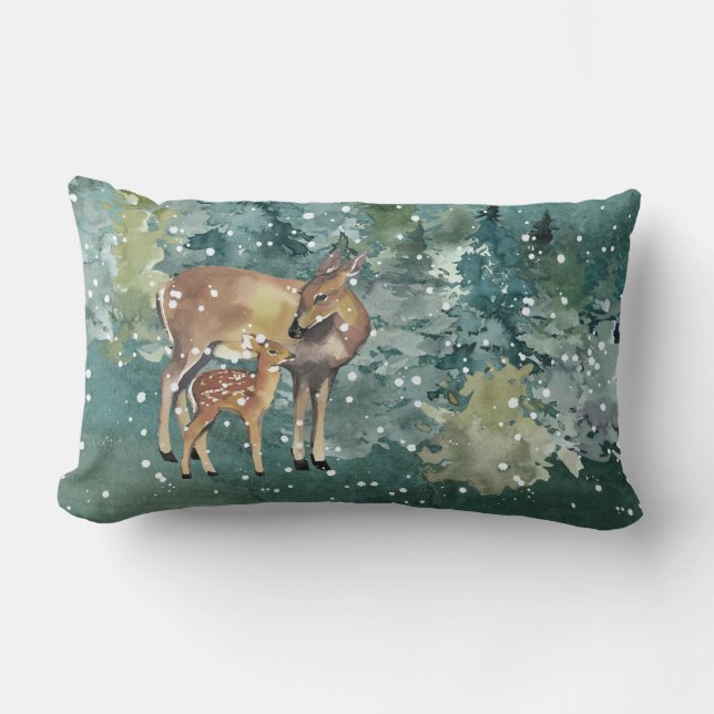 Doe Fawn Deer in Forest Snowfall Kussen (Voorkant)
