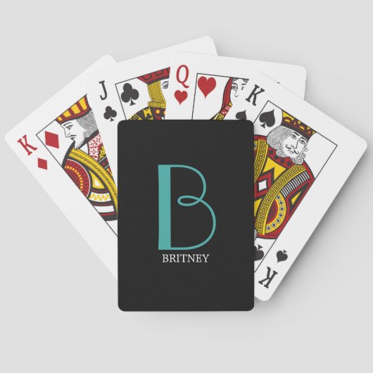 Doe-het-zelf grote monogram & naam, teal/witte tek pokerkaarten (Achterkant)