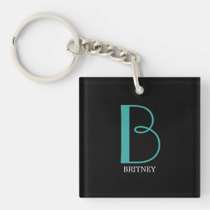 Doe-het-zelf grote monogram & naam, turquoise/witt sleutelhanger