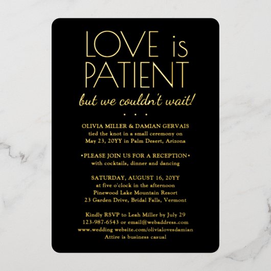 Doe-het-zelf Kleur Liefde is Geduldig Trouwrecepti Folie Uitnodiging (Voorkant)